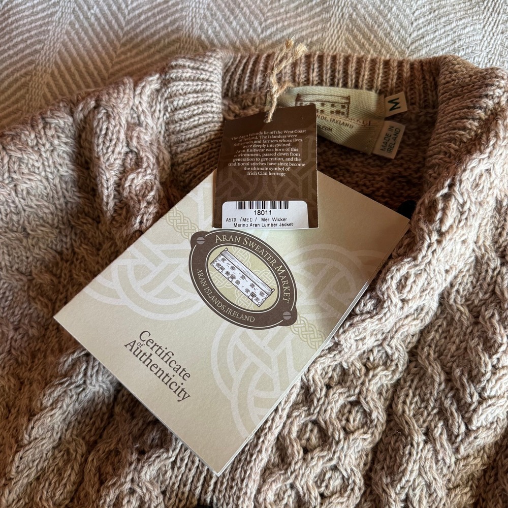 Aran Sweater Market Merino Wool Cable Knit Beige Cardigan Mens Medium Ireland - Picture 6 of 9